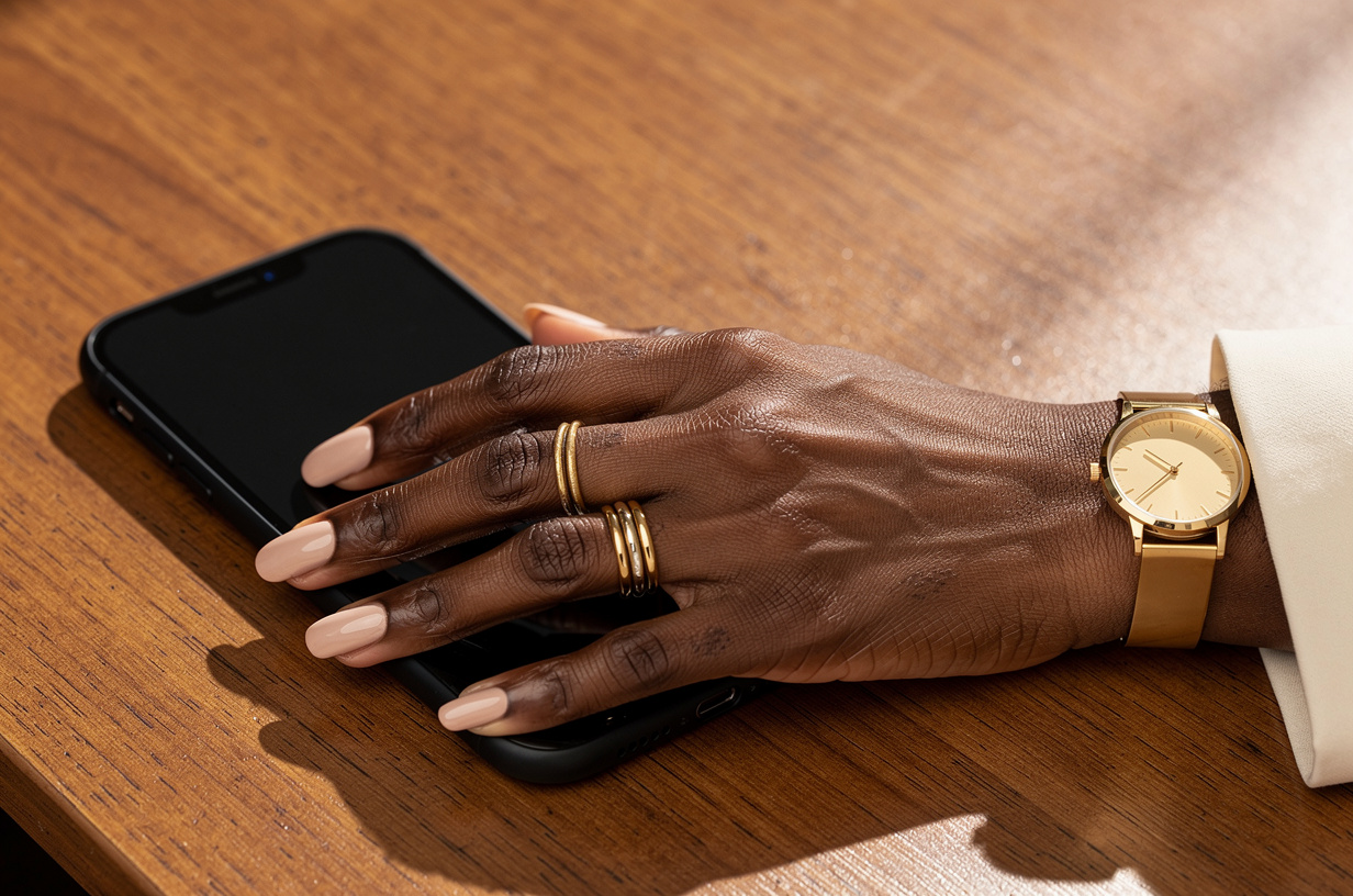 The fix, not the failure: a Black woman's fingertip resting lightly on the dark screen of an unbranded phone lying on a warm wood desk, calm and precise. Her hand is styled luxury-chic and polished: a fresh glossy neutral manicure, stacked gold rings, a slim gold watch at the wrist, and the cuff of a crisp cream blazer at the edge of the frame.
