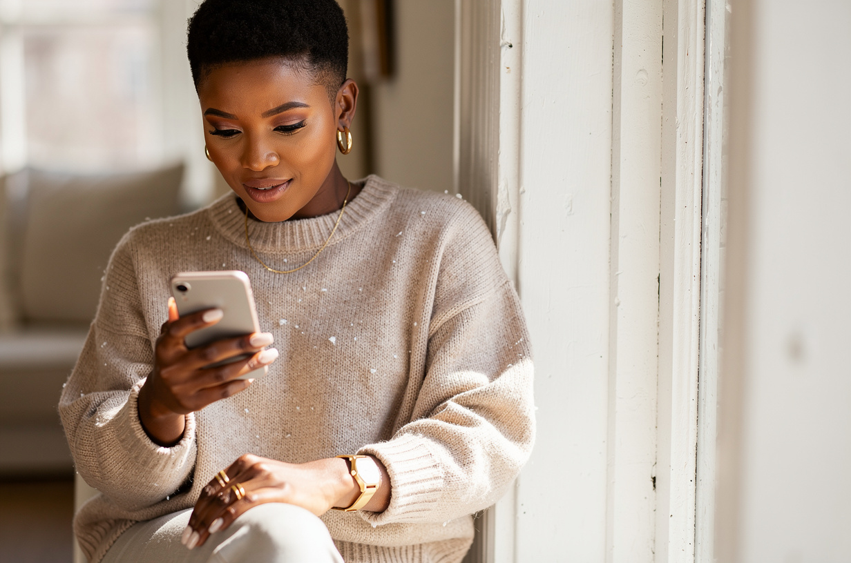 A Black woman in a soft knit sweater glancing down at the unbranded phone in her hand mid-text, one eyebrow raised at what it just changed, seated on a sunlit windowsill. She is styled luxury-chic and polished: a shaped, defined short natural, soft glam makeup with defined brows and a glossy neutral lip, gold hoop earrings, a fine gold chain, stacked gold rings, a slim gold watch and a fresh neutral manicure. Warm natural daylight, real texture in knit and painted wood.