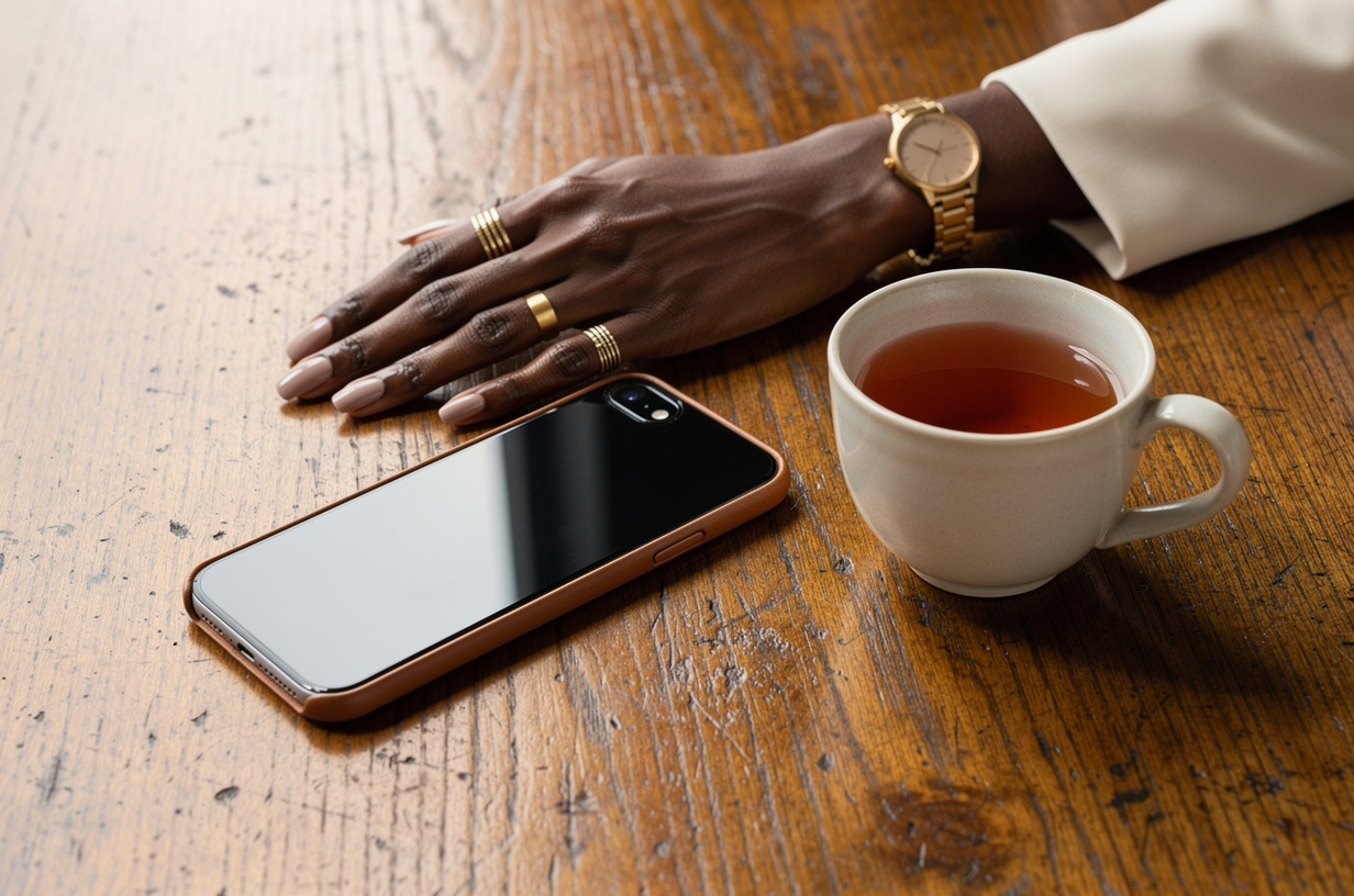 A single phone face-down on a warm wood table beside a cup of tea, screen dark and deliberately out of sight, a Black woman's hand resting near it, unhurried. Her hand is styled luxury-chic and polished: a fresh glossy neutral manicure, stacked gold rings, a slim gold watch at the wrist, and the cuff of a crisp cream blazer at the edge of the frame. Soft natural window light, real texture in wood grain and ceramic.