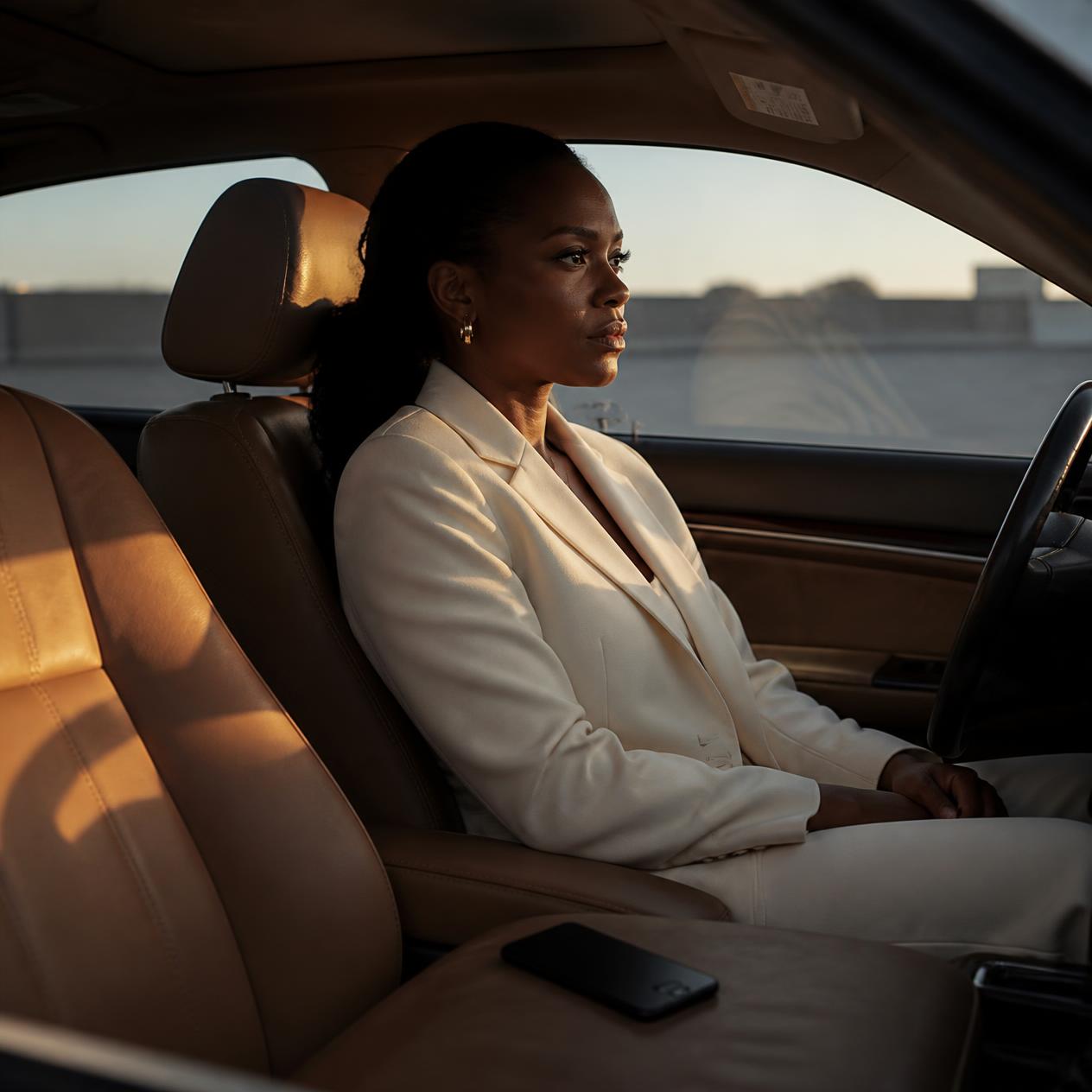 A Black woman in a cream suit sitting alone in a parked car at sunset, looking out through the windscreen, her phone face-down on the seat beside her.