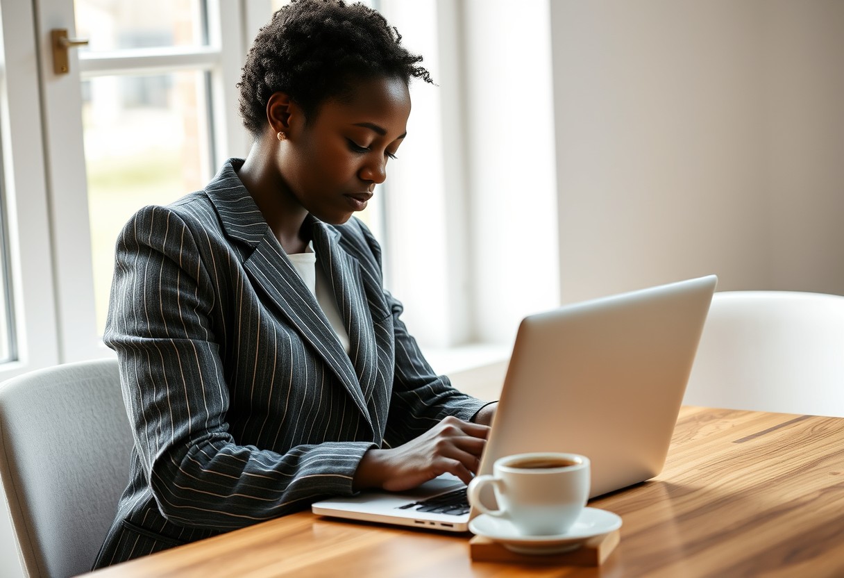 A Black woman in a grey pinstripe blazer exhaling in relief at her laptop, shoulders dropping, a coffee cup beside her untouched. Natural window light, real texture in wool and ceramic.