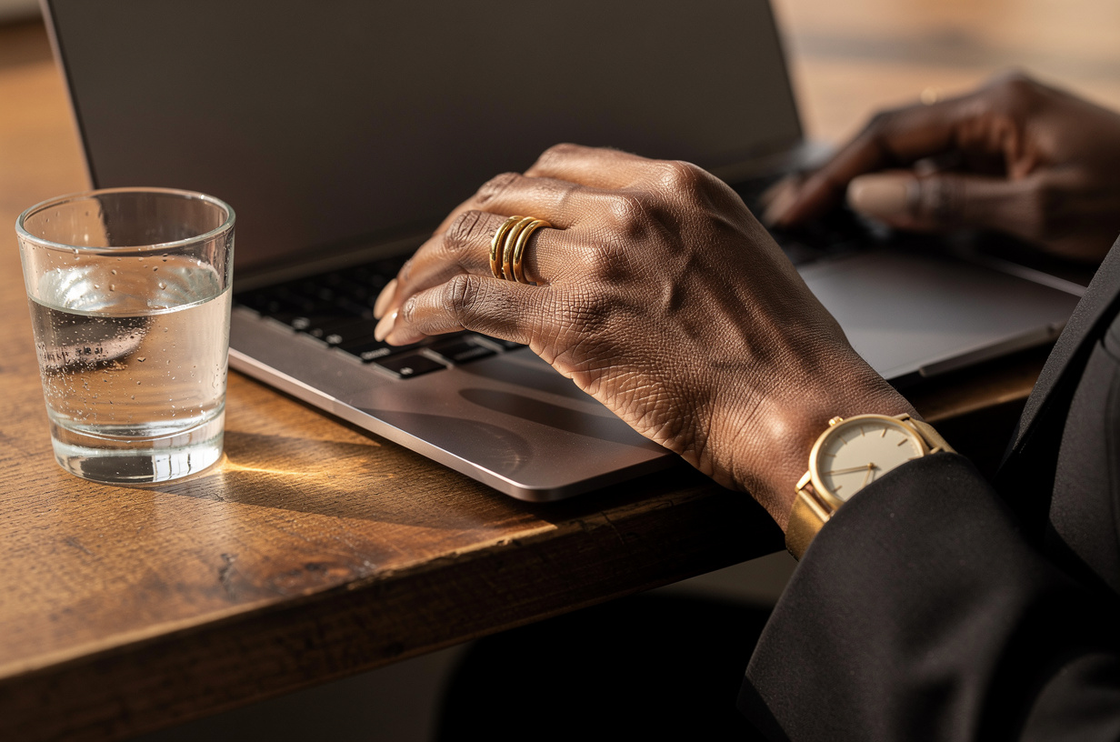 Close on a Black woman's hand resting on a laptop trackpad, a small water glass standing on the wooden desk right beside the laptop, a little too close to its edge, her attention on her work and not the glass.