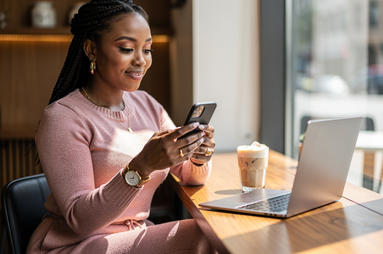 Of a Black woman in a rose knit set seated at a cafe window with an iced coffee, a phone held up in one hand as she checks it, absorbed and faintly pleased, a closed plain matte laptop pushed to the far side of the table and ignored. The phone screen faces her, so the camera sees only the plain back of the phone in a smooth matte case. She is styled luxury-chic and polished: neat shoulder-length braids with laid edges, soft glam makeup with defined brows and a glossy neutral lip, gold hoop earrings, a fine gold chain, stacked gold rings, a slim gold watch and a fresh neutral manicure. Bright morning daylight through the window, real texture in knit, glass and warm wood.