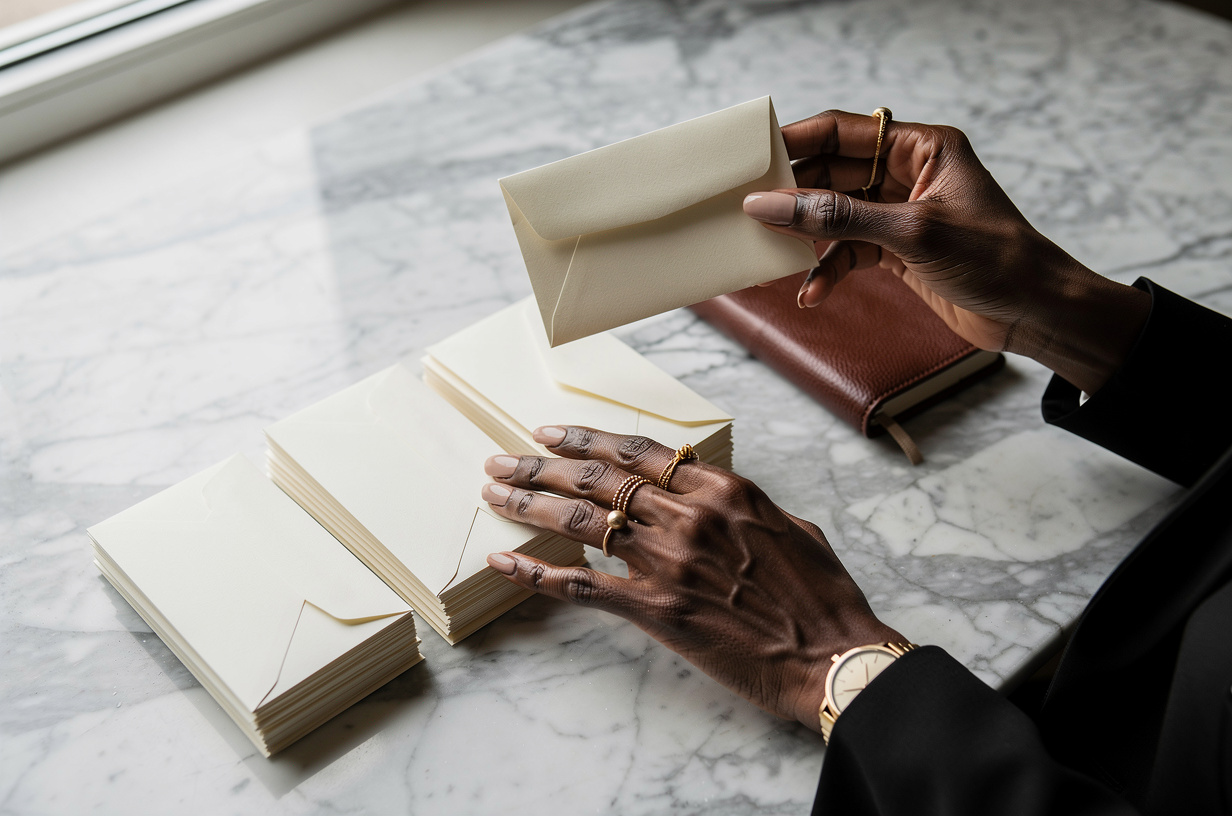 Of a Black woman's hands sorting plain cream envelopes into four neat stacks on a marble table, one envelope held mid-air above the stacks as she decides where it belongs, a slim closed leather ledger beside them. Her hands are styled luxury-chic and polished: a fresh glossy neutral manicure, stacked gold rings, a slim gold watch at the wrist, and the cuff of a tailored black blazer at the edge of the frame. Clear side light from a window, real texture in marble, leather and heavy paper.