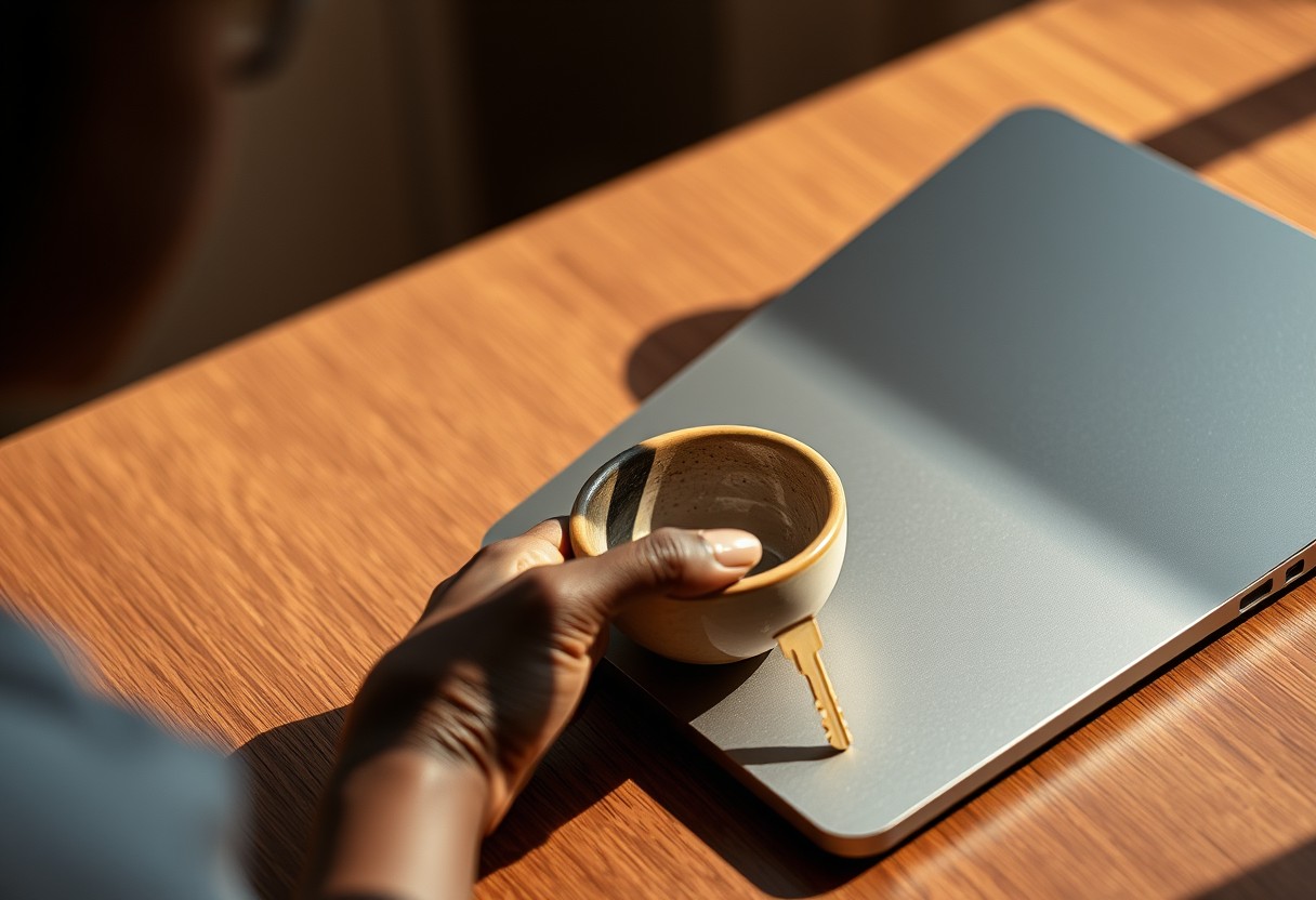 A fix already in motion: a Black woman's hand with a considered manicure setting a single key down into a small ceramic dish beside a closed unbranded laptop, calm and finished rather than mid-task. Warm afternoon light, real texture in skin, ceramic and brushed metal.