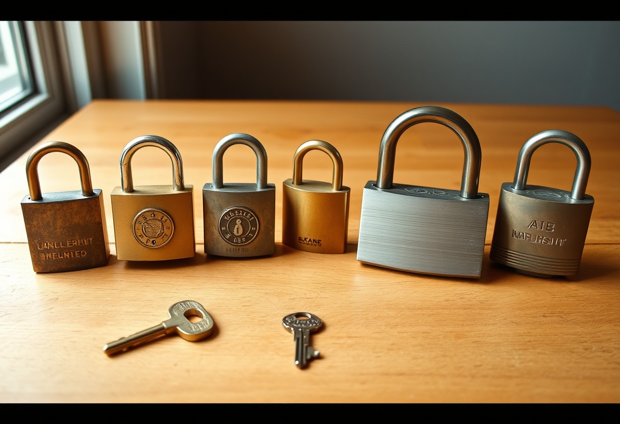 A single brass key resting on a plain warm wood surface beside five different padlocks of different eras and finishes, all clearly openable by the one key.