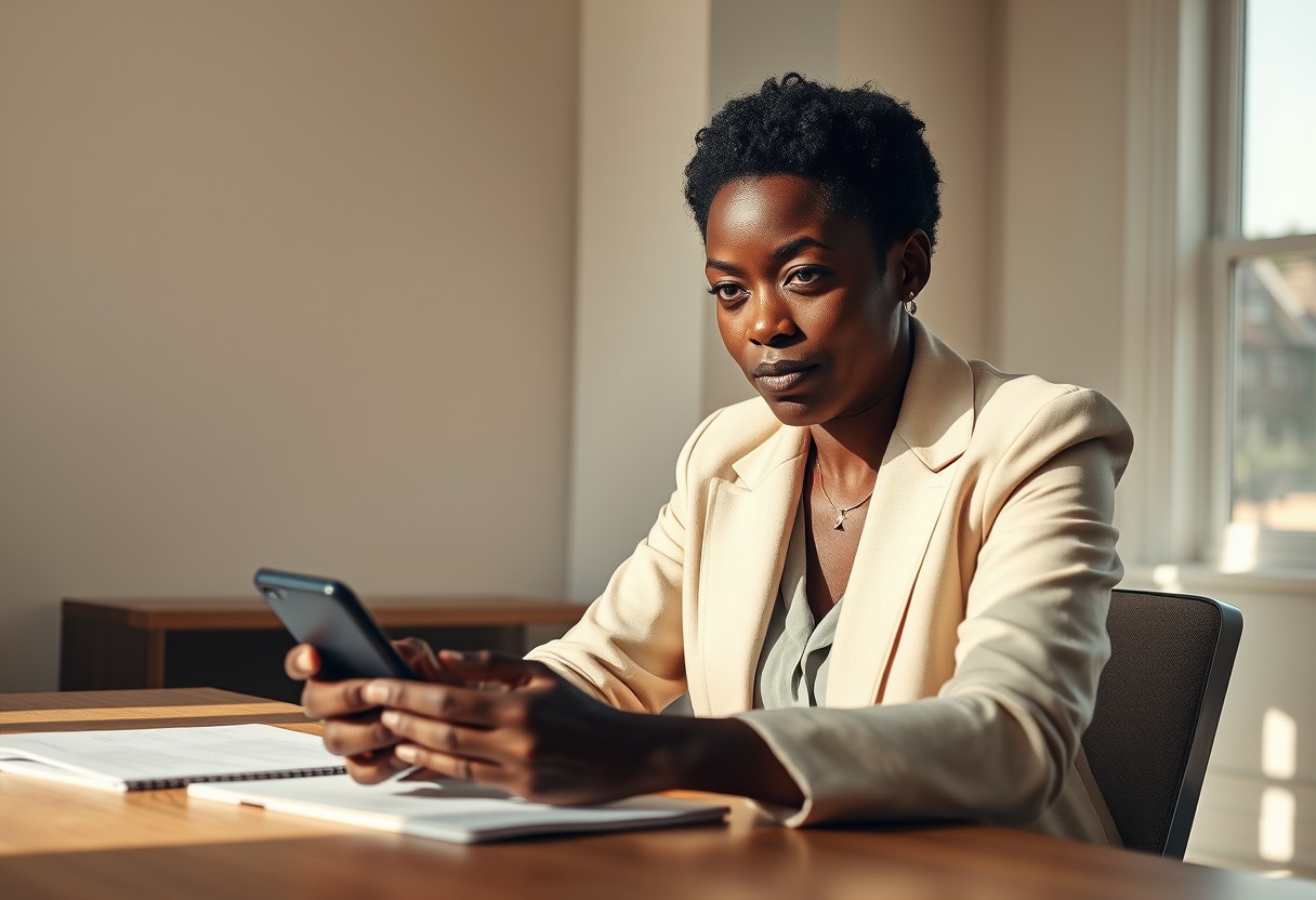 A Black woman in a cream blazer glancing at an unbranded phone update notification with a skeptical half-smile, one eyebrow raised, mid-task at a sunlit desk. Natural daylight, real texture in linen and wood.