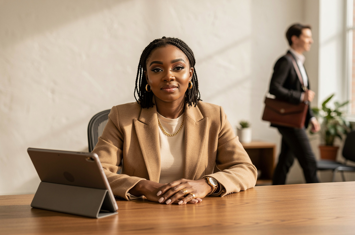 A Black woman in a camel blazer over a cream top seated at a warm wood desk in a calm studio office, an unbranded tablet propped on a stand beside her with its screen turned toward her, while a colleague in a black blazer walks through the background carrying a slim leather folio, softly out of focus.