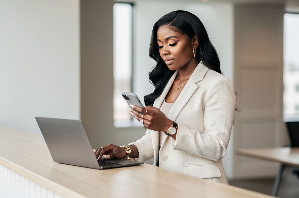 A Black woman in a cream tailored blazer standing at a reception counter in a bright modern studio office, one hand resting on a closed plain matte laptop as she reads a page on an unbranded phone held in the other hand, a calm, considered expression, her eyes on the phone.