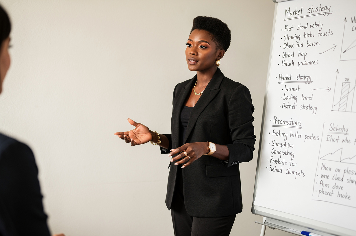 A Black woman in a black blazer standing at a whiteboard covered in her own handwritten notes, mid-explanation to someone just out of frame, confident and unhurried. She is styled luxury-chic and polished: a shaped, defined short natural, soft glam makeup with defined brows and a glossy neutral lip, gold hoop earrings, a fine gold chain, stacked gold rings, a slim gold watch and a fresh neutral manicure. Warm daylight, real texture in wool and painted wall.