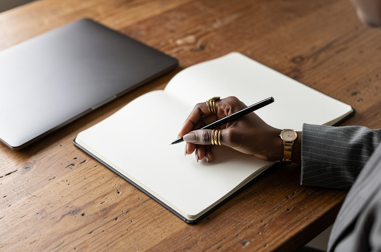 A single open notebook on a warm wood desk, a Black woman's hand mid-write, an unbranded laptop closed beside it, calm and deliberate. Her hand is styled luxury-chic and polished: a fresh glossy neutral manicure, stacked gold rings, a slim gold watch at the wrist, and the cuff of a grey pinstripe blazer at the edge of the frame. Soft natural window light, real texture in paper and wood grain.