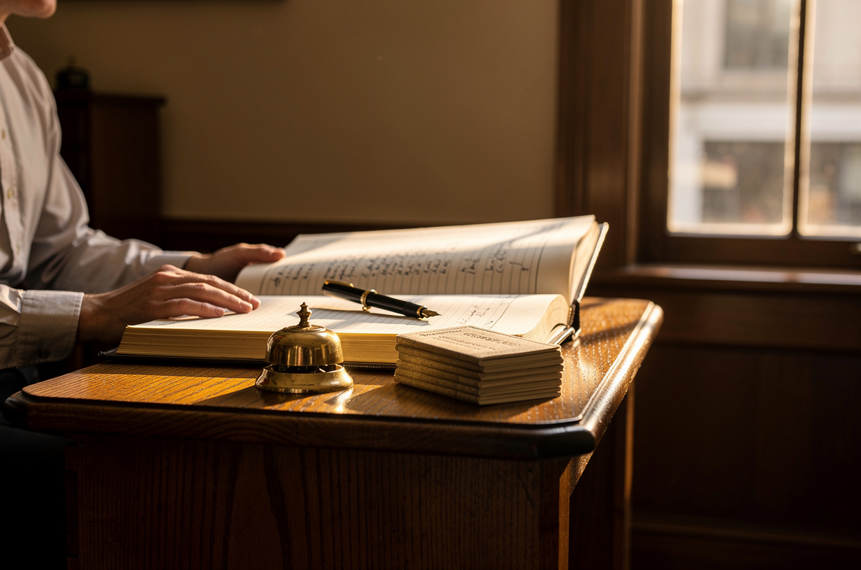 Of a quiet 1900s bank counting room seen from just inside the door: an open ledger on a warm wood desk with ruled columns and neat rows of handwriting that is present but not legible, a small brass desk bell, a plain stack of plain unmarked passbooks, and a plain matte fountain pen laid across the page. Warm late-afternoon light through a tall sash window, real texture in the aged paper, the wood grain and the brass.