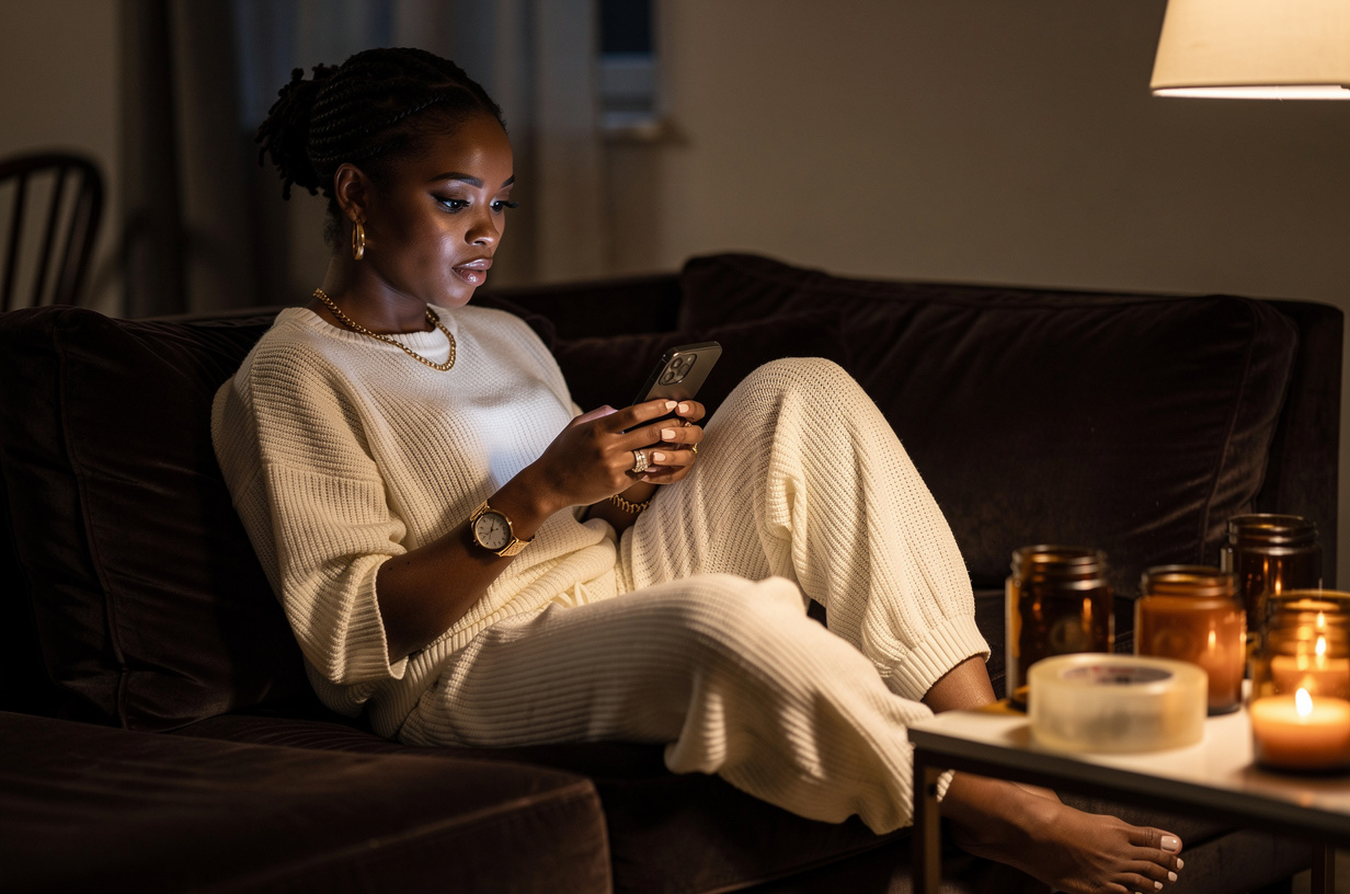 A Black woman in a cream knit lounge set curled into the corner of a sofa late at night under a single lamp, typing on a phone with both thumbs, her shoulders tired and her eyes on the phone, a few plain amber glass candle jars and a roll of packing tape on the coffee table in front of her.