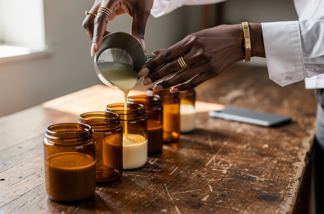 A Black woman's hands pouring warm wax from a small steel pitcher into a row of plain amber glass jars on a wooden worktable, steady and unhurried, a plain matte phone lying face-down at the far edge of the table.