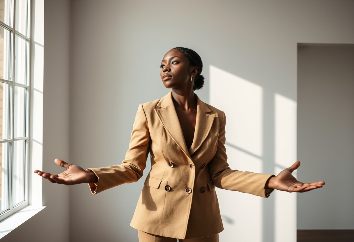 A rule being set down, not picked up: a Black woman in a camel blazer standing at ease with her arms unfolded, shoulders down, looking off-frame with quiet resolve rather than urgency. Modern minimal room, natural window light, real texture in wool and plaster.