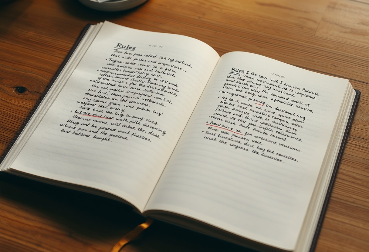 A worn, well-used notebook lying open on a wood desk with an older page of dense handwritten rules crossed through in ink, and a fresh blank page turned beside it, waiting.