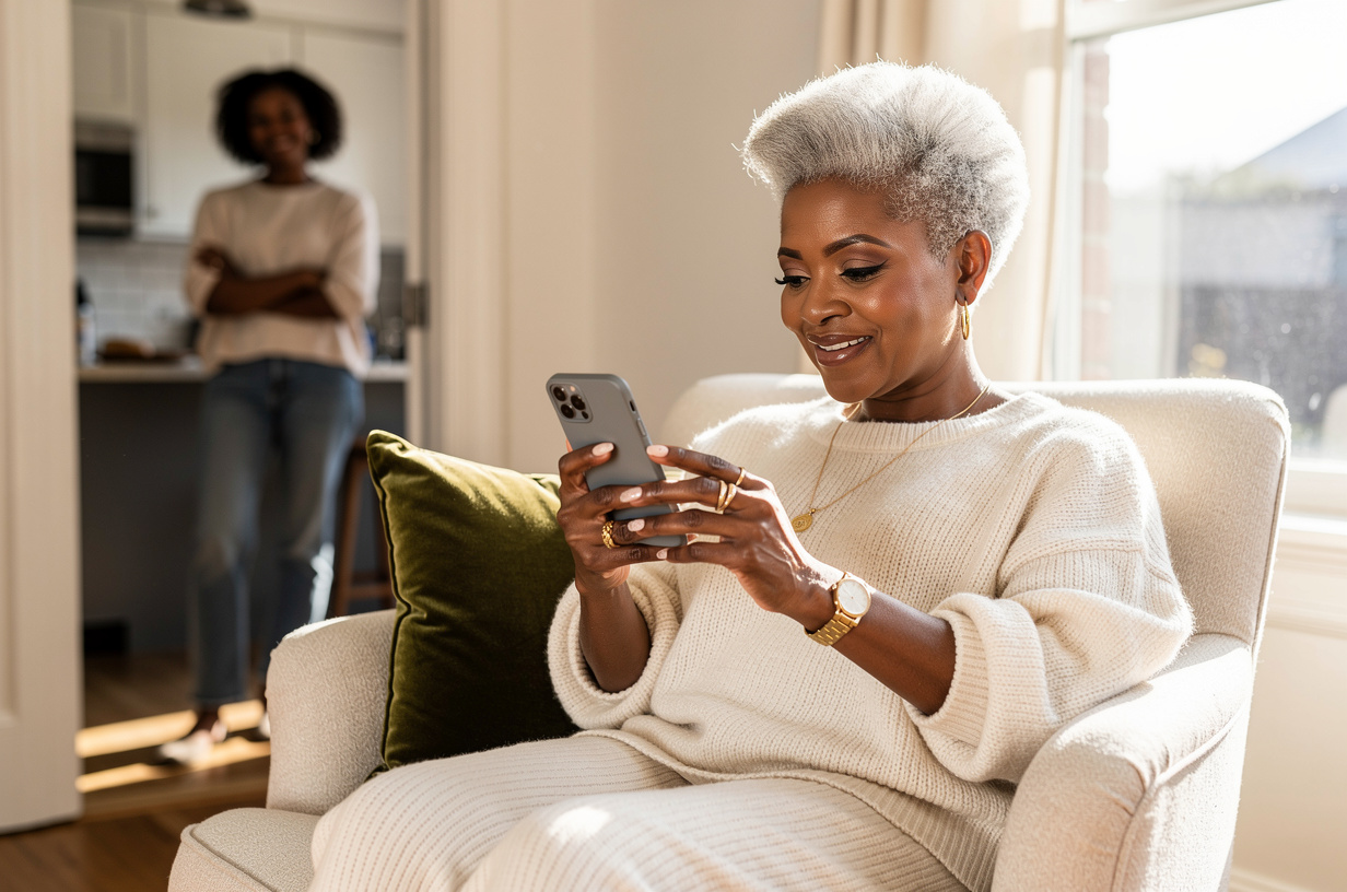 Of a Black woman in her sixties in a cream knit set seated in an armchair by a sunny window, holding a phone in both hands and tapping it herself with a small proud smile, her adult daughter soft and out of focus in the kitchen doorway beyond, watching with her arms loosely folded. The phone screen faces her, so the camera sees only the plain back of the phone in a smooth matte case. She is styled luxury-chic and polished: a shaped, defined short silver natural, soft glam makeup with defined brows and a glossy neutral lip, gold hoop earrings, a fine gold chain, stacked gold rings, a slim gold watch and a fresh neutral manicure. Soft afternoon daylight, real texture in knit, velvet and warm wood.