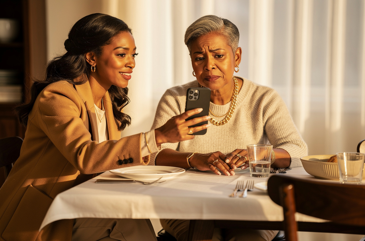 Of two Black women at a dining table set for Sunday dinner, a mother in her sixties holding a phone out toward her adult daughter with a puzzled, expectant look, the daughter still wearing her camel wool coat with one arm half out of the sleeve, smiling with patient resignation. The phone is held with its screen toward the daughter, so the camera sees only the plain back of the phone in a smooth matte case. Both women are styled luxury-chic and polished: freshly finished hair, soft glam makeup with defined brows and a glossy neutral lip, gold hoop earrings, fine gold chains, stacked gold rings and fresh neutral manicures. Warm late-afternoon light, real texture in wool, dark wood and a white tablecloth.