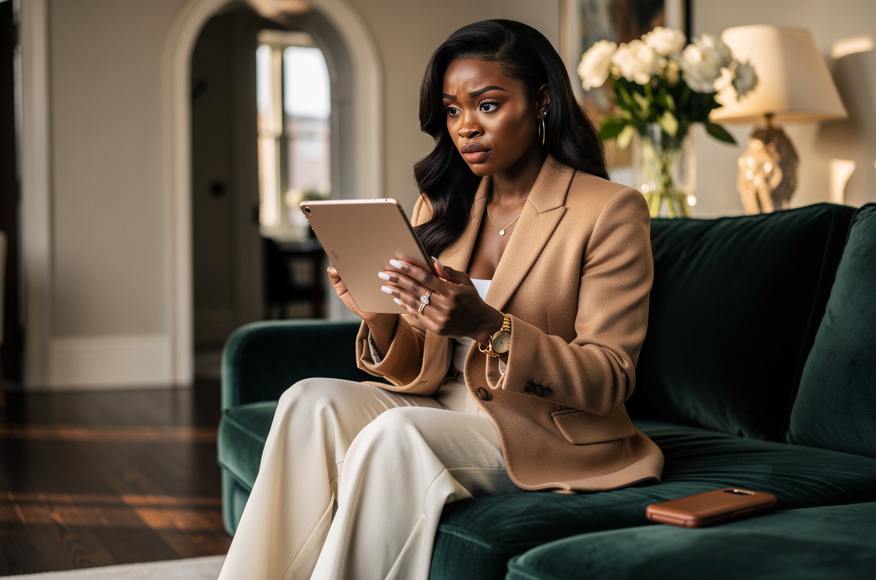 A Black woman in an oversized camel blazer and cream wide-leg trousers seated on a low velvet sofa in a designed living room, holding a tablet close in both hands with a frozen, wide-eyed expression of dawning realization, her eyes on the tablet, a phone lying face-down in a smooth plain leather case on the cushion beside her. The tablet faces her, so the camera sees only its plain back.