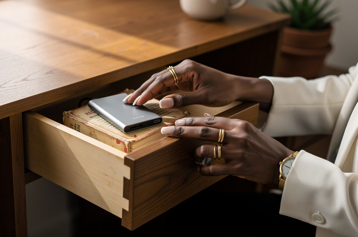 Close on a Black woman's hands at a warm wood desk placing a small plain matte external drive into the top drawer of a cabinet beside an old, well-loved recipe card box, a calm and deliberate gesture.