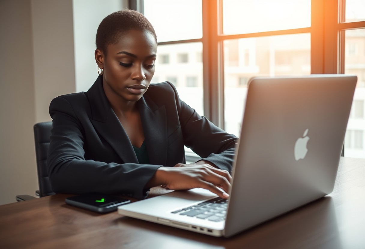 A Black woman in a black blazer at a desk, one hand resting on a closed laptop, relaxed posture, a small green checkmark icon glowing faintly on a phone screen beside her. Warm daylight, real texture in wool and brushed metal.