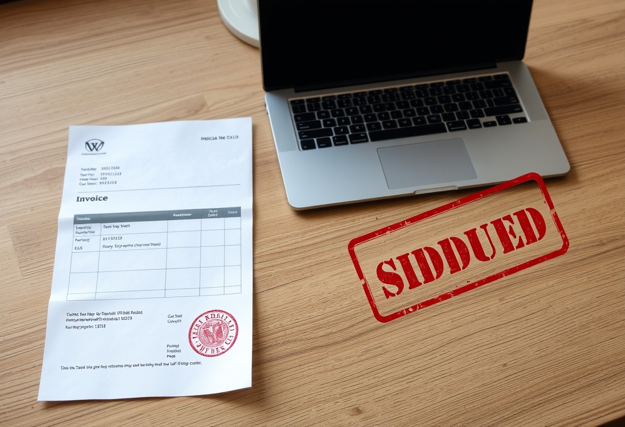 A single unpaid invoice printed on a desk beside a closed unbranded laptop, a red overdue stamp faintly visible, otherwise calm and orderly. Natural daylight, real texture in paper and wood.
