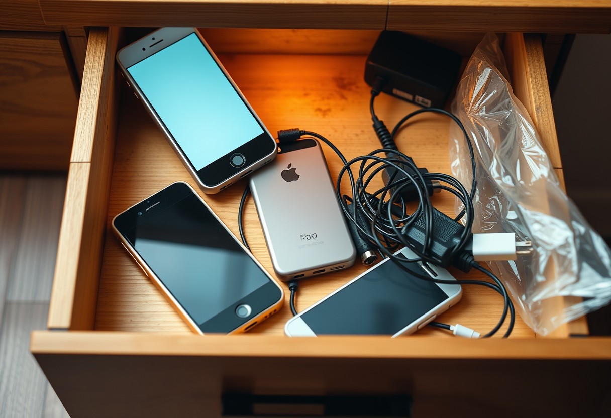 An open drawer holding three or four old smartphones and a tangle of mismatched chargers, dust visible, one phone screen faintly lit.