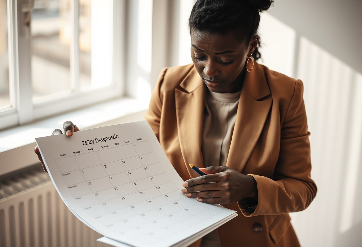 A Black woman in a camel blazer reviewing a printed weekly calendar with a pen, focused and diagnostic rather than stressed. Warm daylight, real texture in wool and paper.