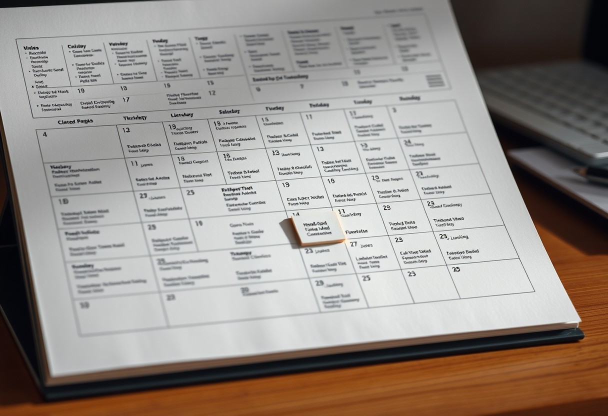 An open desk calendar densely filled with other people's meeting names, one single block near the edge highlighted differently from the rest. Natural daylight, real texture in paper and wood.