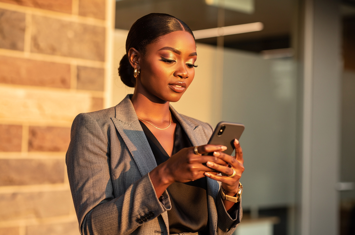 The fix, not the failure: a Black woman standing outside an office building afterward, sunlight on her face, expression settled and clear rather than anxious, an unbranded phone in hand. She is styled luxury-chic and polished: a sleek low bun with laid edges, soft glam makeup with defined brows and a glossy neutral lip, gold hoop earrings, a fine gold chain, stacked gold rings, a slim gold watch and a fresh neutral manicure. She wears a tailored grey pinstripe blazer over a black silk top. Warm golden-hour light, real texture in brick and wool.
