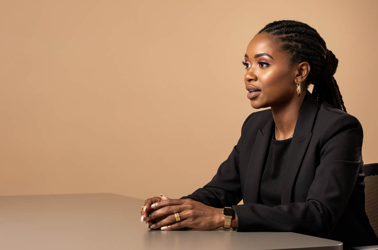 A Black woman in a black blazer seated across an interview table, posture composed and direct, mid-answer, the opposite chair visible but empty of any face. She is styled luxury-chic and polished: well-kept glossy locs, pinned back, soft glam makeup with defined brows and a glossy neutral lip, gold hoop earrings, a fine gold chain, stacked gold rings, a slim gold watch and a fresh neutral manicure. Clean studio light on a warm seamless backdrop.
