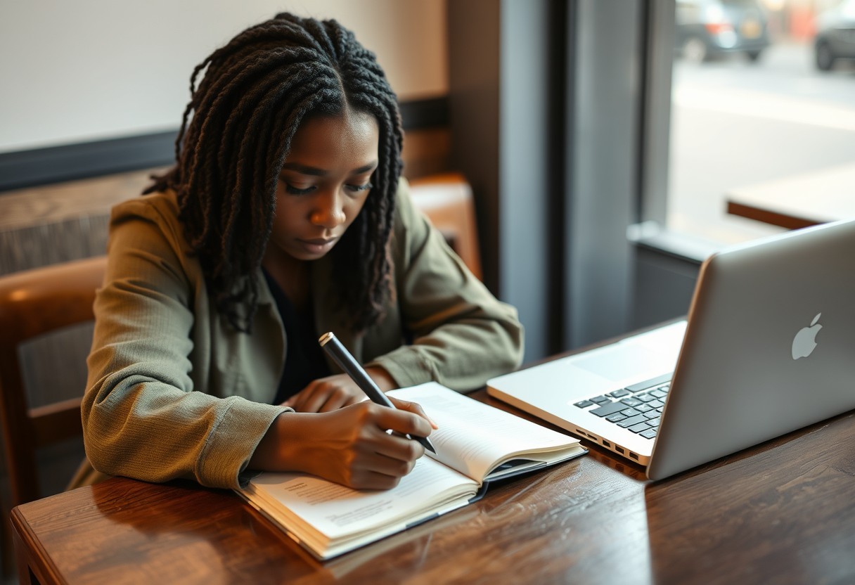 The fix, not the failure: a Black woman's hand writing in a notebook at a cafΓ© table, unhurried and direct, an unbranded laptop closed beside her. Soft afternoon light, real texture in paper and wood.