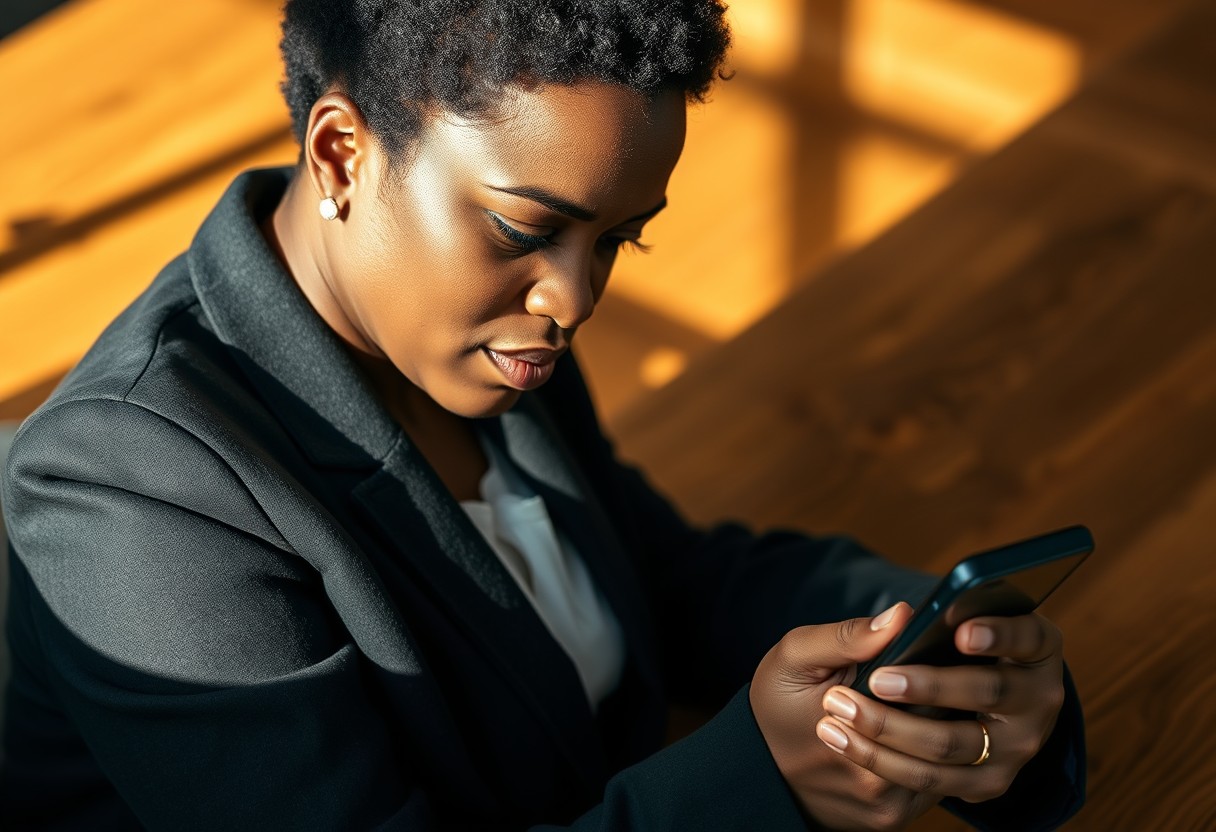 A Black woman in a black blazer glancing down at her phone at a warm wood desk, one eyebrow raised slightly as she scrolls past a second home screen page, mild recognition rather than alarm on her face. Natural daylight, real texture in wool and wood grain.