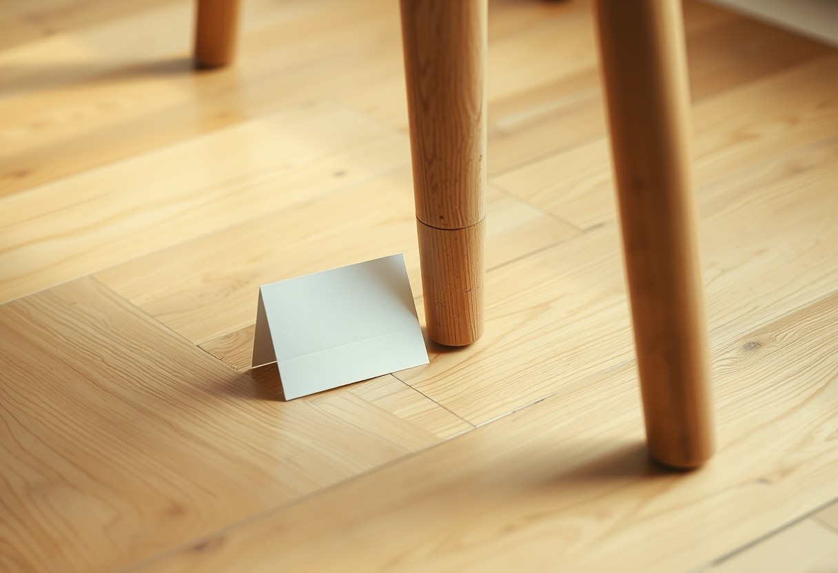 A wobbly table leg propped level with a single folded index card, otherwise unnoticed on a warm wood floor — a workaround so normalized it looks intentional.