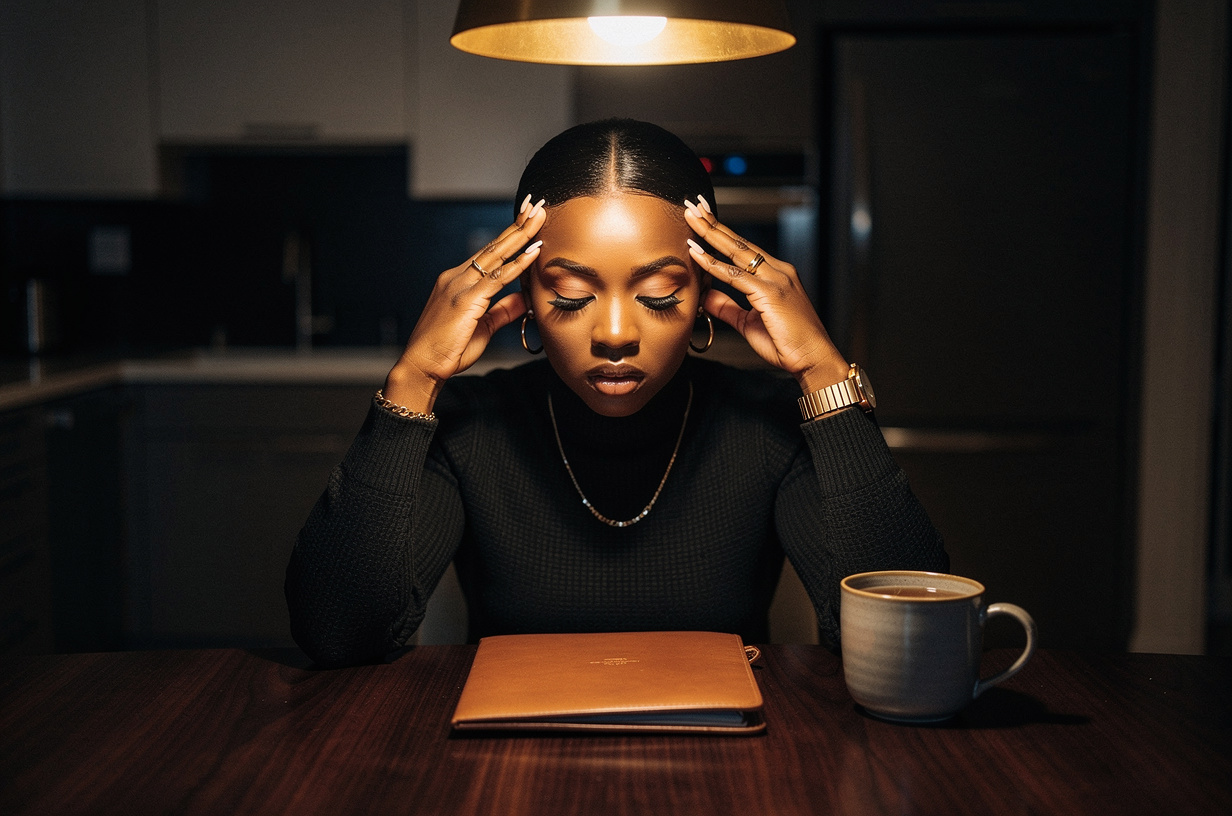 A Black woman in a black turtleneck seated at a kitchen table late at night, elbows on the table and her fingertips pressed lightly to her temples, a weary, thoughtful expression, her eyes lowered to a closed leather folio in front of her, a cup of tea gone cold at her elbow.