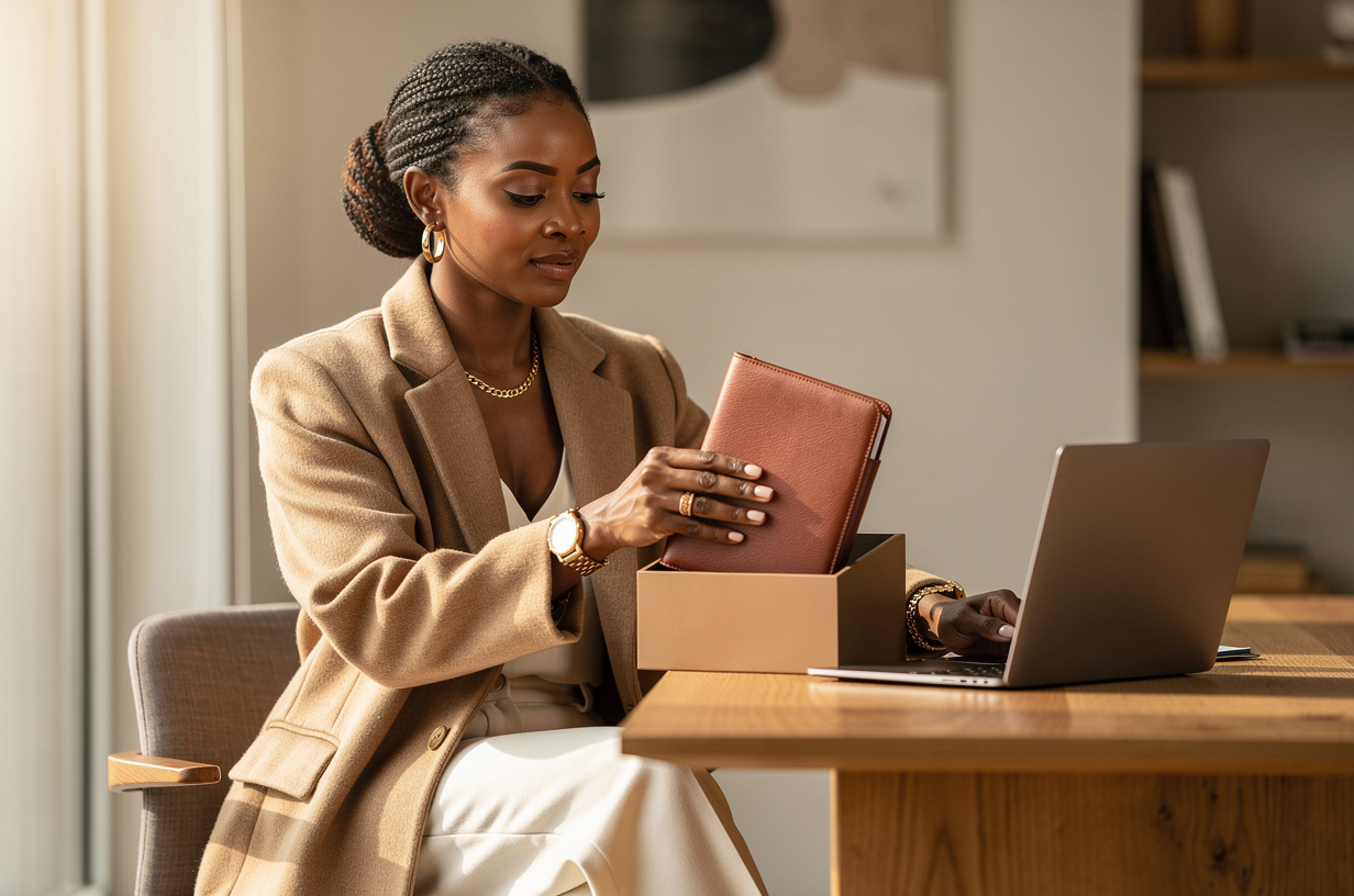 A Black woman in an oversized camel blazer and cream trousers seated at a sunlit wooden desk by a tall window, sliding a slim leather folio into a neat desk organizer with an easy, settled expression, her eyes on the folio, a plain matte laptop open beside her with its screen turned toward her, so the camera sees only the plain back of its lid.