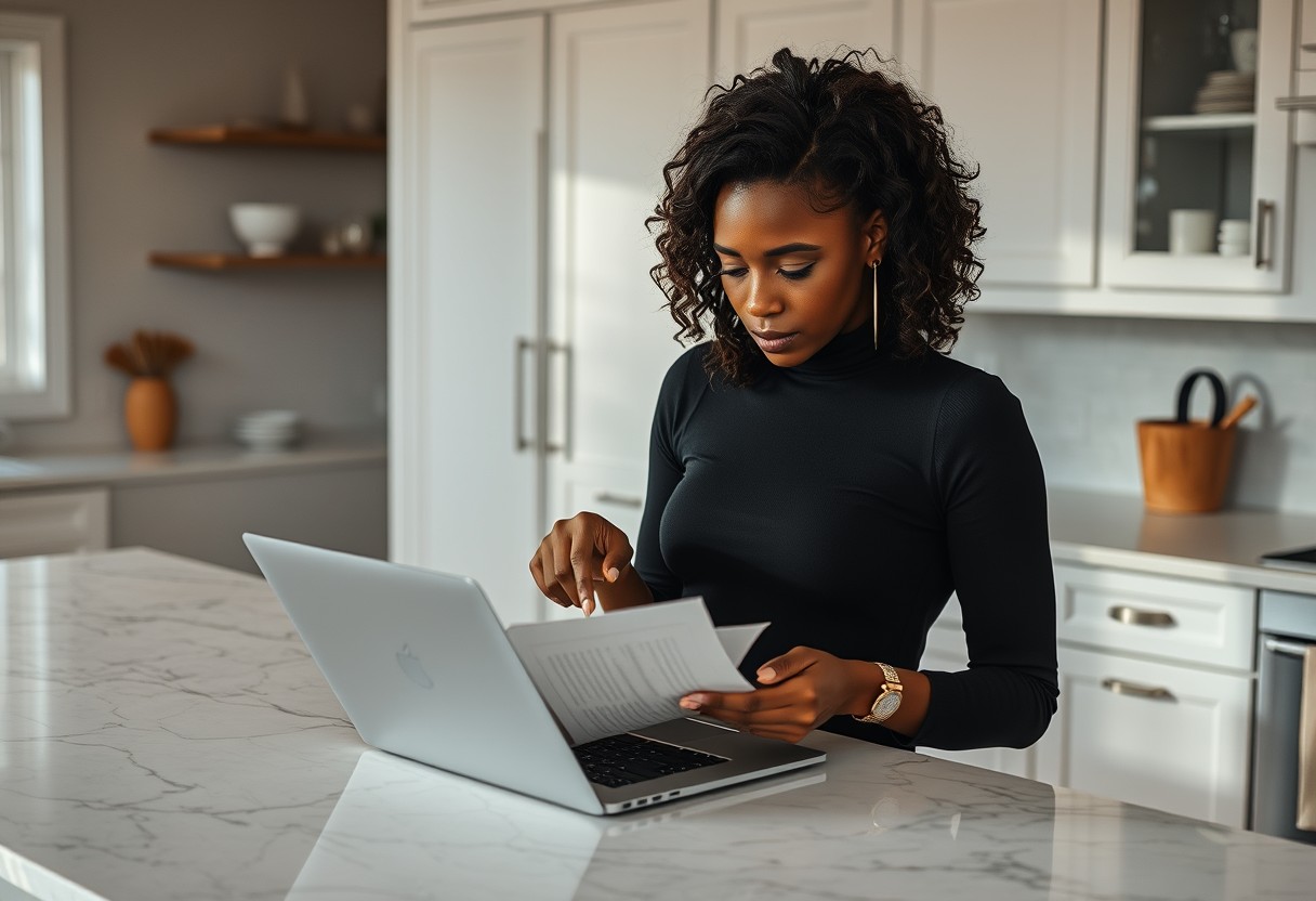 A Black woman in a black turtleneck standing at a marble kitchen island, laptop open, tracing a finger down a printed page as she follows one process back to its source, focused and slightly wary. Natural daylight, real texture in marble and paper.