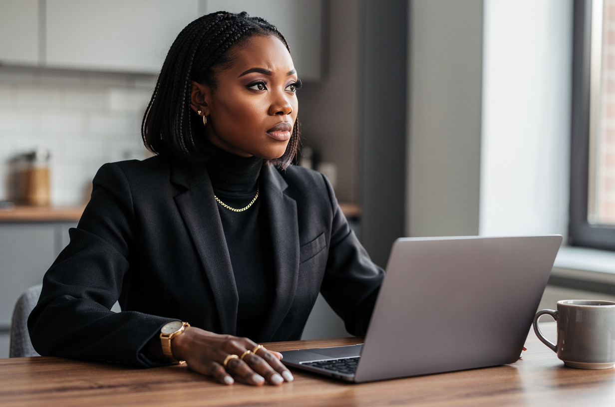 A Black woman in a black blazer and black turtleneck seated alone at a kitchen table in the late morning, an open laptop pushed slightly away from her, both hands resting flat on the table and a still, stunned expression, her eyes turned toward the window.