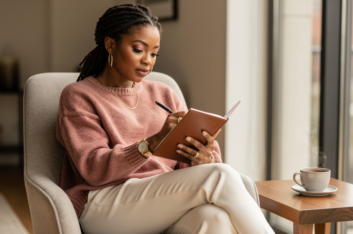 A Black woman in a rose knit sweater and cream trousers seated in an armchair by a tall window, writing by hand in a leather notebook propped on her knee with a soft, resolved expression, her eyes on the notebook, which is tilted toward her so the camera sees only its plain cover. A cup of tea rests on the side table next to her.