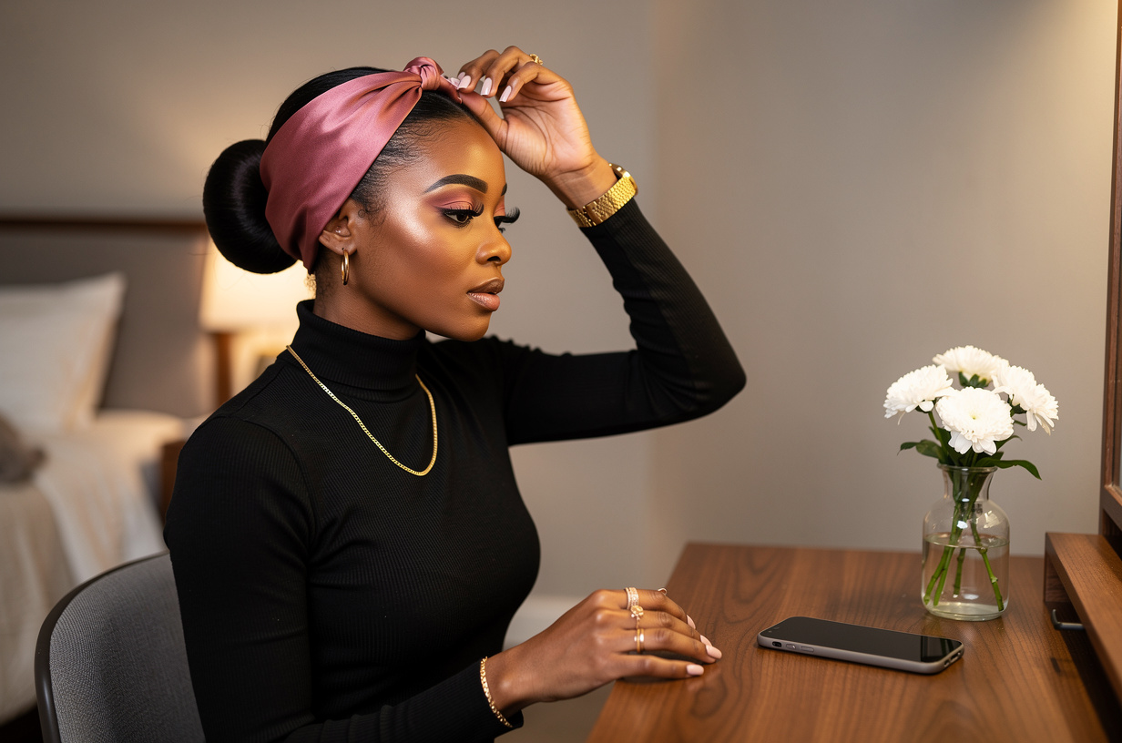 Of a Black woman in a black turtleneck seated at a vanity in a softly lit bedroom, both hands tying a rose silk scarf around her hair for the night, a plain matte phone lying face-down on the vanity beside a small vase of fresh white flowers, her expression unhurried. She is styled luxury-chic and polished: a sleek low bun with laid edges showing at her hairline, soft glam makeup with defined brows and a glossy neutral lip, gold hoop earrings, a fine gold chain, stacked gold rings, a slim gold watch and a fresh neutral manicure. Warm evening lamplight, real texture in silk, wood and glass.