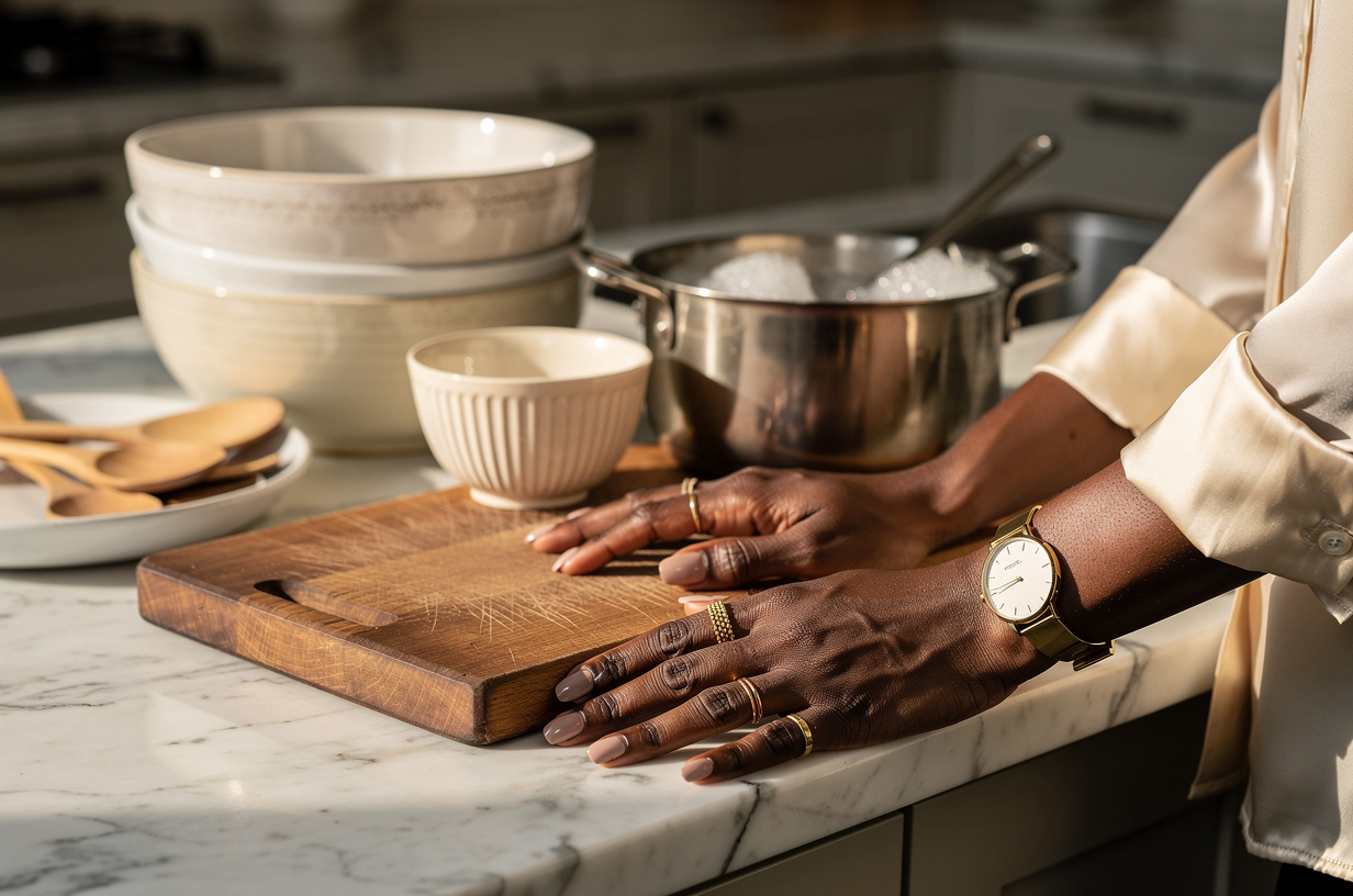 Of a marble kitchen counter crowded with the middle of a big Sunday meal, stacked mixing bowls, a wooden cutting board, a soaking pot and wooden spoons piled on a dish, while a Black woman's hands clear one small open space at the near edge. Her hands are styled luxury-chic and polished: a fresh glossy neutral manicure, stacked gold rings, a slim gold watch at the wrist, and the pushed-up cuff of a cream silk shirt at the edge of the frame. Warm afternoon window light, real texture in marble, ceramic and wood.