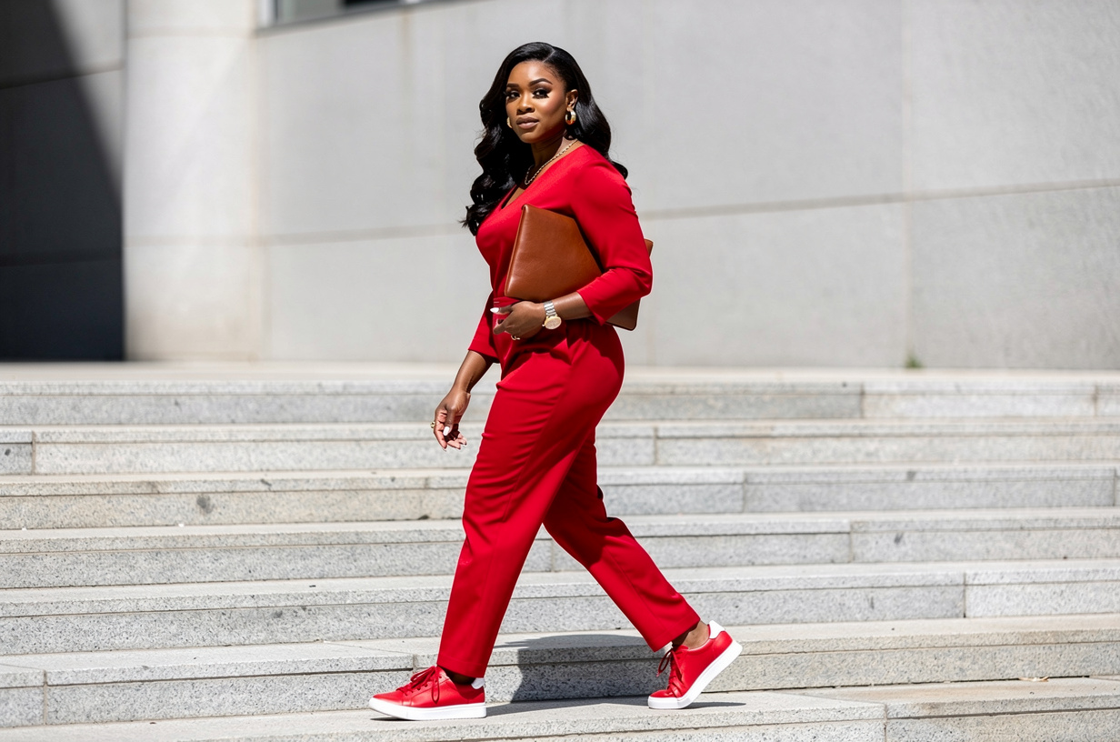 Of a Black woman in a full red jumpsuit and red sneakers walking down wide stone steps away from a plain stone office building in bright morning light, a leather folio tucked under her arm, chin level and stride easy, the building soft and out of focus over her shoulder. She is styled luxury-chic and polished: long glossy waves with a smooth, finished part, soft glam makeup with defined brows and a glossy neutral lip, gold hoop earrings, a fine gold chain, stacked gold rings, a slim gold watch and a fresh neutral manicure. Crisp morning daylight, real texture in stone, leather and crisp cotton.