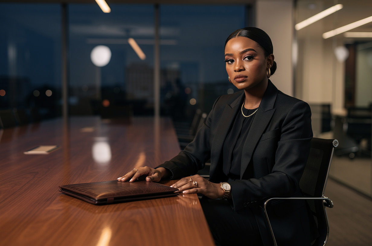 Of a Black woman in a sharply tailored black suit seated alone at a long conference table at dusk, the last person in an empty glass-walled office, a closed leather folio squared in front of her, her posture perfect and her expression tired and unreadable. She is styled luxury-chic and polished: a sleek low bun with laid edges, soft glam makeup with defined brows and a glossy neutral lip, gold hoop earrings, a fine gold chain, stacked gold rings, a slim gold watch and a fresh neutral manicure. Low amber evening light from the windows, real texture in wool, leather and polished wood.