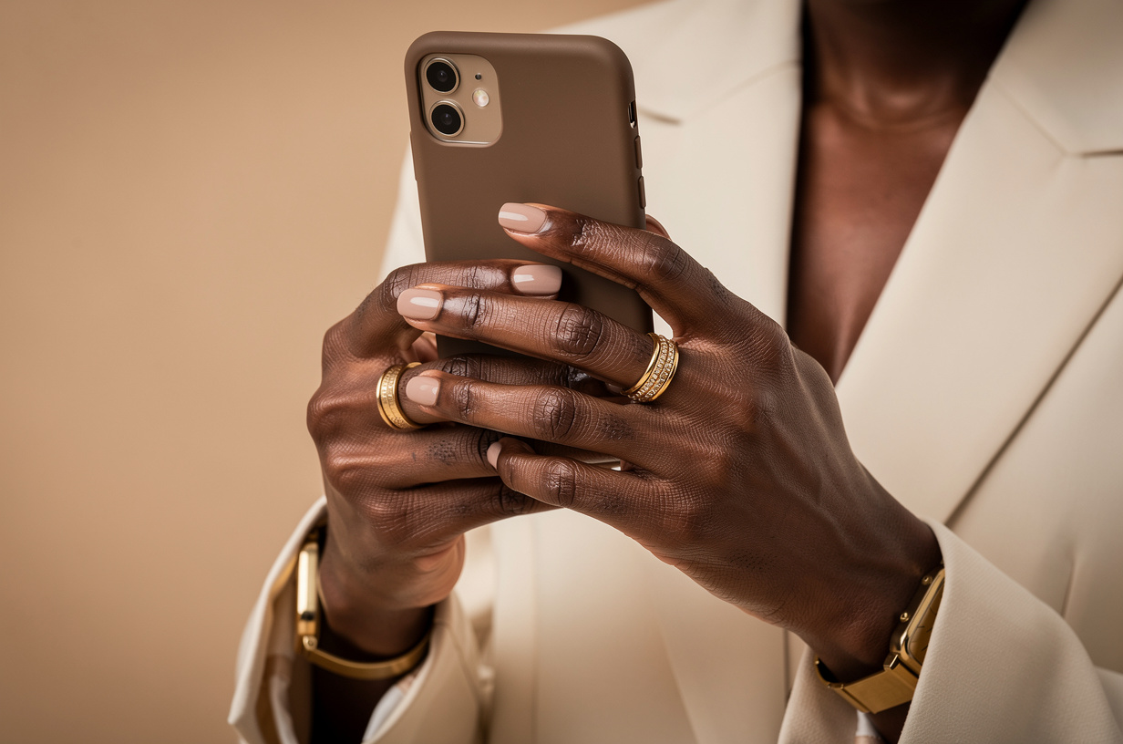 A close, considered shot of a Black woman's hands holding an unbranded phone, one thumb mid-press, the phone's plain back toward the camera, composed and unhurried, gold rings catching soft studio light against a warm seamless backdrop.