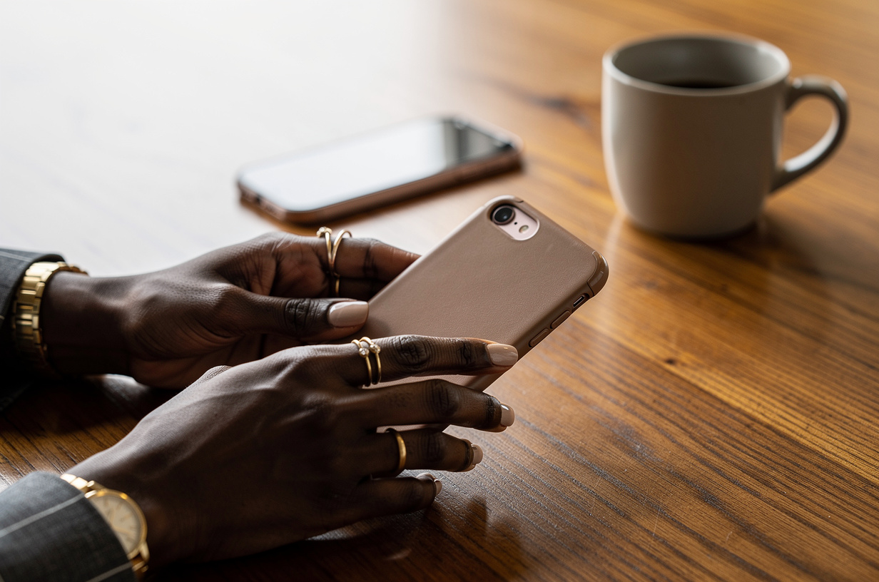 A Black woman's hands with a considered manicure lifting a plain unbranded phone in a smooth plain leather case from a warm wood surface, the device face-down and turned away from the camera so no branding is visible, a second plain unmarked phone lying face-down further back on the surface beside a plain unmarked ceramic mug.