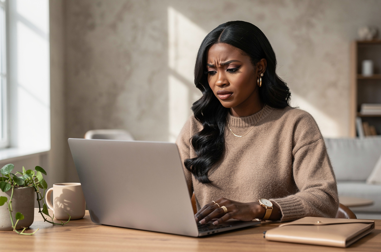 A Black woman seated at a warm wood desk in a calm bright studio living room, an open plain matte unbranded laptop turned so the screen faces her and away from the camera, her hands resting still beside the keyboard, her expression focused and slightly furrowed as though reading a list she does not recognise.