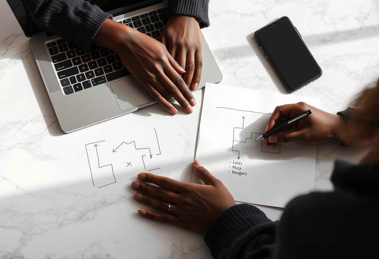 The fix, not the failure: close on a Black woman's hands typing on an unbranded laptop at a marble desk, a simplified workflow diagram sketched on paper beside her, calm and deliberate. Soft daylight, real texture in marble and paper.