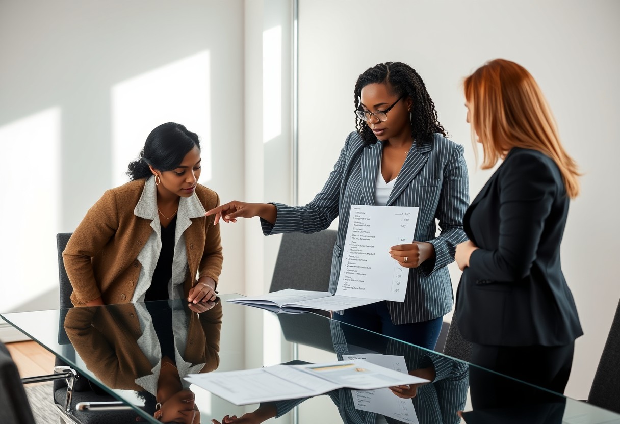 A Black woman founder in a grey pinstripe blazer standing at a glass conference table, reviewing a printed list with two colleagues, pointing at one repeated line item with focused clarity. Modern minimal office, natural daylight, real texture in wool and glass.