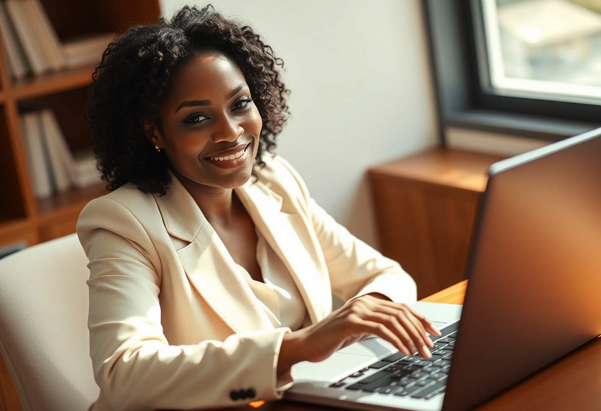 A Black woman in a cream blazer at a warm wood desk, one finger hovering over a laptop trackpad with a small, amused half-smile, as though about to click something just to see what happens. Soft natural daylight.