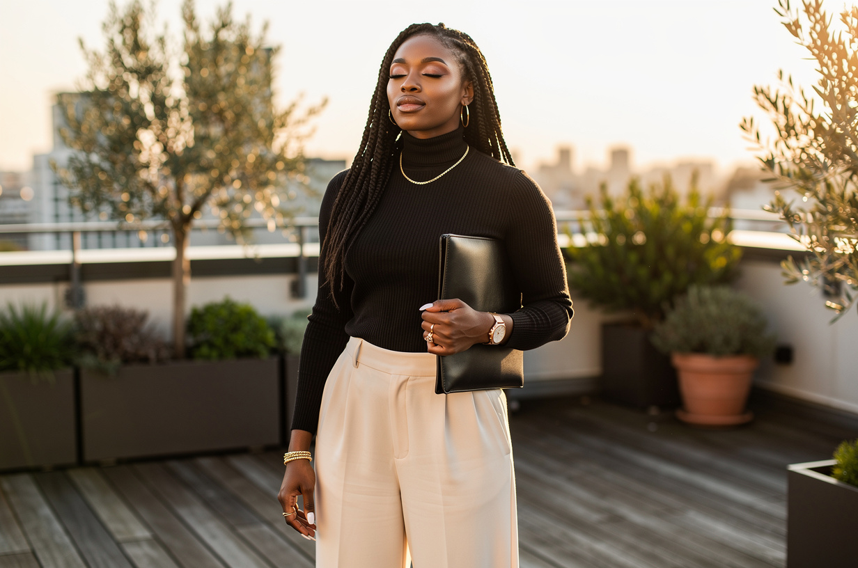 A Black woman in a black turtleneck and cream wide-leg trousers standing on a rooftop terrace with greenery at golden hour, eyes closed, shoulders dropped and relaxed, taking one long slow breath, a slim leather folio tucked under one arm.